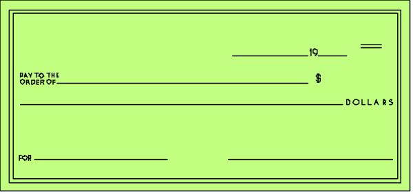 The image shows a green check with text that reads "Dollars 50" on it against an orange background in what appears to be clip-art form. There is also some additional smaller black print at the bottom of the check, but its content isn't clear enough for me to describe accurately based solely on this image. The style suggests a simple and stylized representation commonly used as icons or decorations rather than an actual photographic depiction. It does not show any objects, people, animals, actions, or setting in the traditional sense of those terms; it is