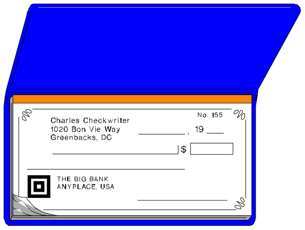 The image shows a blue box with two white labels on it; each label has text that reads "Charles Checkwirter" followed by an address in Washington DC.