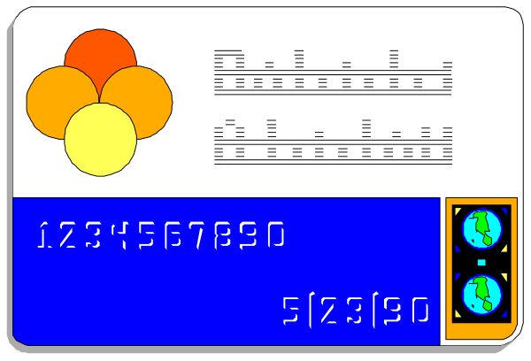 The image shows two credit cards with different designs: on top left a card featuring an orange flower design; bottom right is blue with white numbers 12345678901234 and symbols representing musical notes, suggesting it's for music streaming or purchase service. Both have the same expiration date of "Feb '23" but different CVV codes: top left has a red circle around its number; bottom right is blue with white numbers 5678901234 and symbols representing musical notes, suggesting it's for