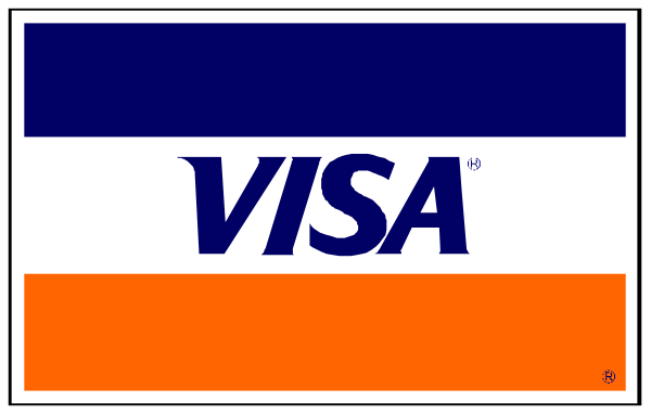 The image shows a logo of Visa with its corporate color scheme featuring blue, red, white, and orange on what appears to be an American flag background.