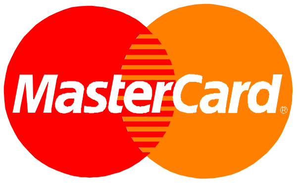 The image shows a logo for Mastercard with its iconic red circle containing white lines forming an interlocking "M" shape next to two credit cards: one orange on top of another in shades of brown and beige, indicating different card types; below them is text that reads 'MASTERCARD' in bold black letters.