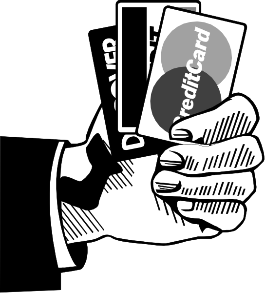 The black and white illustration shows a hand holding three credit cards with "DEBIT" written on them against an unseen background; there is no text present in this image to provide additional context about people, animals, actions, objects, or setting beyond what has been described above.
