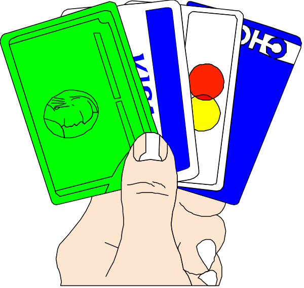 The image shows a hand holding four credit cards of different types: Visa, Mastercard, American Express (Amex), and Discover Card; each card is displayed in front of its corresponding logo on green backgrounds with white borders.