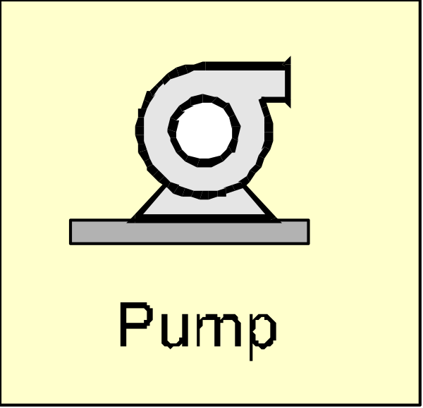 The image shows a simple icon of two gears with text labels "pump" above them on either side.