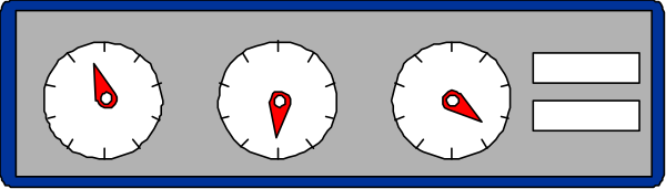 The image shows a digital clock with four dials indicating different times: 12 o'clock is marked by an arrow pointing to "0", while each of the other three clocks has arrows at various positions, suggesting that time can be set in increments on this device. There are also two red pointers and one blue pointer near a central point where all four dials meet; these could represent buttons or controls for adjusting the clock's settings. The background is plain gray with no additional context provided about location or setting, focusing attention solely on the time-setting mechanism depicted