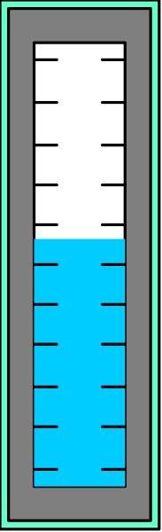 The image shows a blue thermometer with white markings on it placed against a gray background within what appears to be an enclosure marked by dashed lines in black coloring.