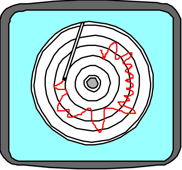 The image shows a simple diagram of an object with two circular parts connected by straight lines indicating motion between them; there is no text present in this clip-art illustration.