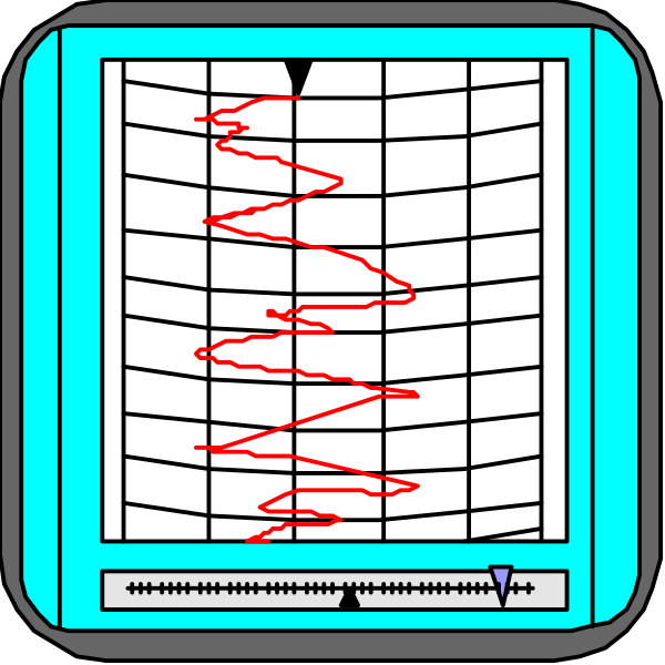 The image shows a graph with two lines that appear to be measuring something over time on an electronic device resembling a seismograph or oscilloscope screen in front of which there is a window displaying what looks like wind patterns, suggesting weather monitoring equipment used for meteorological purposes within the context of science fiction.