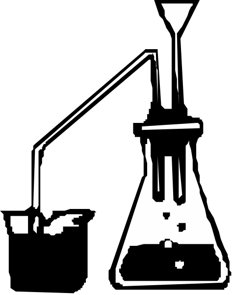 The black and white silhouette of a laboratory setup with an oil lamp on top of it next to a beaker filled with liquid.