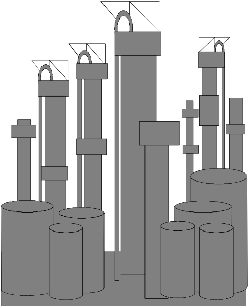 The black and white illustration shows a collection of industrial pipes with various sizes and shapes arranged vertically against a dark background; there is no text present in this image.