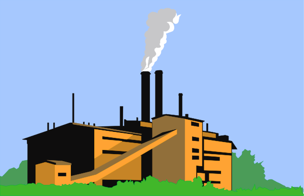 The image shows a cartoon depiction of an industrial factory with smoke coming from its chimney set against a clear blue sky background.