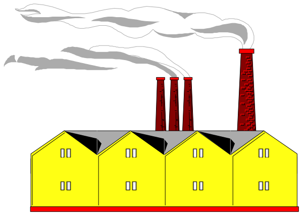 The image shows a factory with smoke coming out of its chimney next to two yellow buildings that resemble houses; there is no text present in this clip-art illustration.