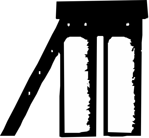 The image shows a black and white silhouette of two towers with an archway between them against a dark background.