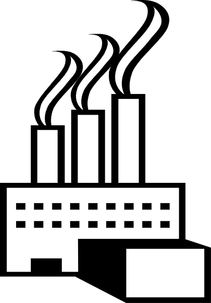 The black and white icon depicts a factory with smoke stacks emitting steam above it.