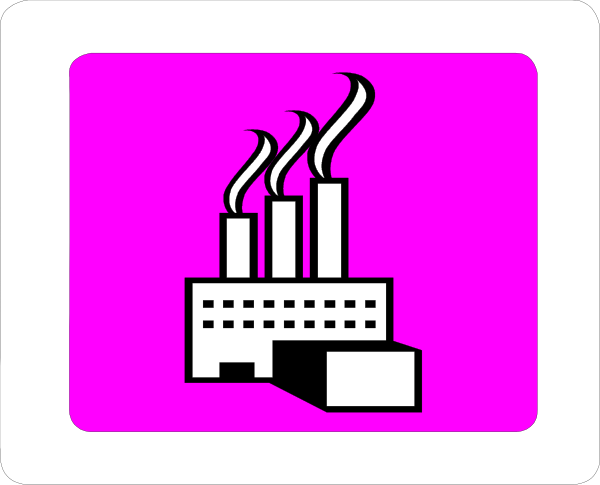 The image shows a pink square with an icon of three stacks emitting smoke on top right corner against white background; below it is another smaller purple rectangle containing two icons: one depicts a factory building, and next to it there's a symbol for recycling or composting. Both rectangles are set within the same larger pink square with rounded corners. The style of image appears to be digital art used in an informational context such as signage or instructional material.