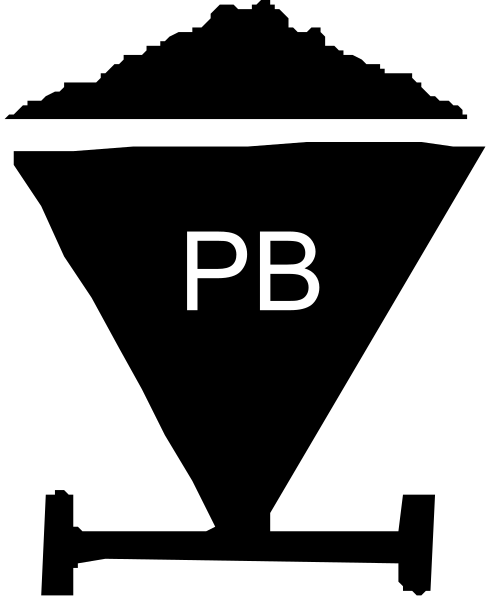 The image shows a black square with white text that reads "PB" on it against an indistinct background.
