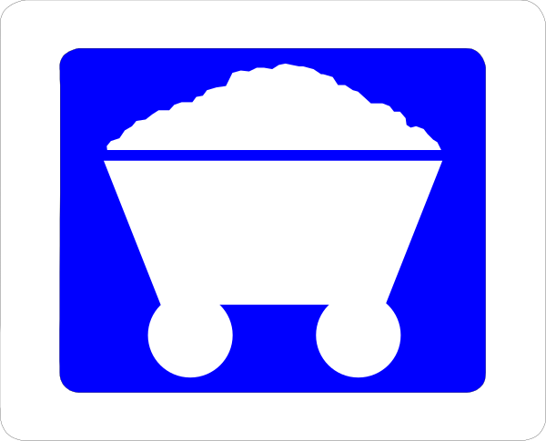 The image shows a blue sign with an icon of a wheelbarrow on it next to another smaller white square that contains two icons: one is a cartoon-style truck carrying coal, indicating mining activity; and below this symbol there's a small picture of a train car or wagon being pulled by the same type of vehicle. The overall image seems like an advertisement for transportation services related to minerals extraction. There are no texts present in the clip art.