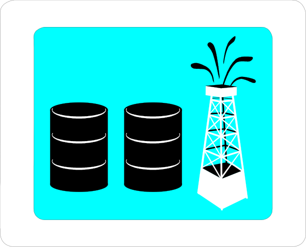The image shows a sign with an illustration of three oil barrels on top left corner, two tanks labeled "OIL" in black text next to each other below them, a silhouette of a wind turbine and power lines above the tanks, and a water droplet icon at bottom right.