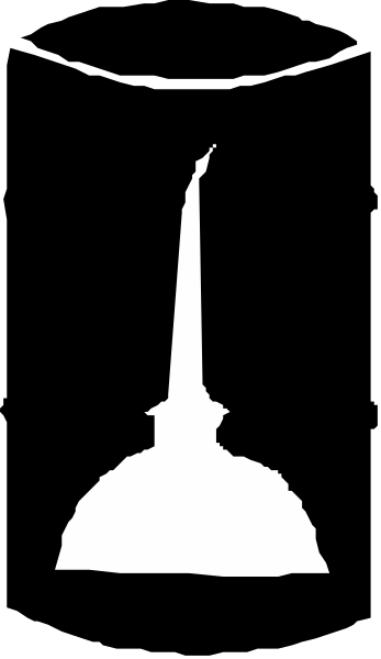 The image shows a black and white photo of an Islamic minaret with a dome on top against a dark background.