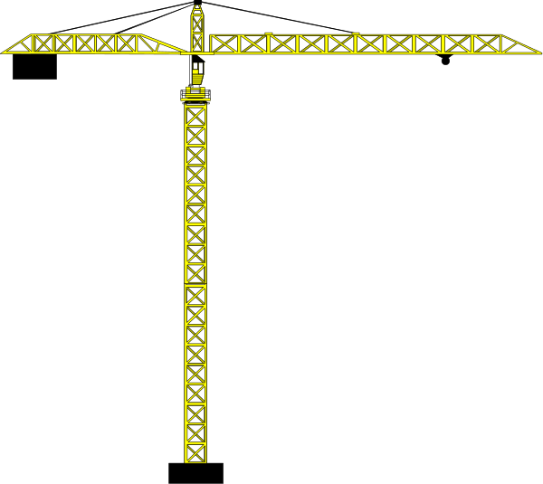 The image shows a yellow crane with scaffolding against a black background.