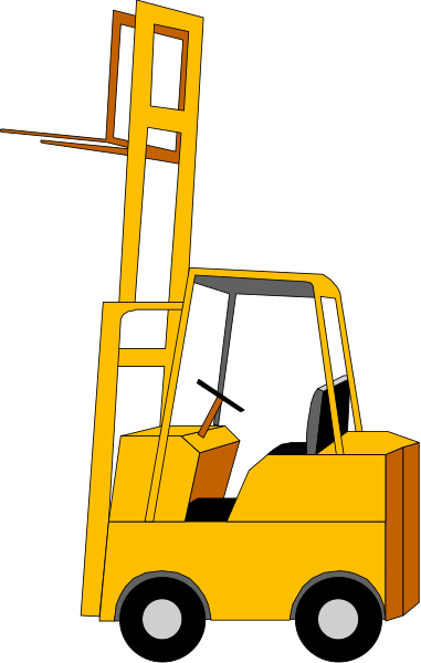 The image shows a yellow forklift with an orange seat inside it parked on what appears to be a dark background.