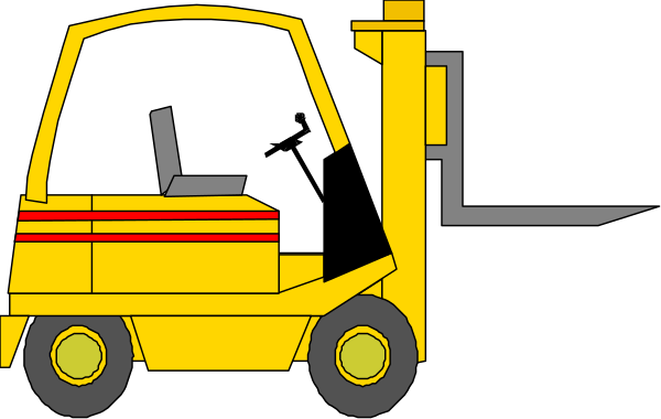 The image shows a yellow forklift with an attached cart driving on what appears to be a dark surface at nighttime.