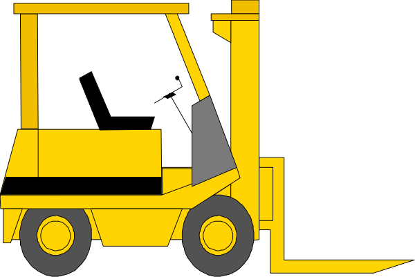 The image shows a yellow forklift with black tires on it parked next to an orange truck cab that has no visible driver inside of it in what appears to be a warehouse environment during daylight hours.