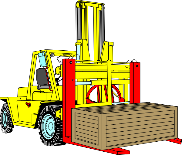 The image shows a yellow forklift with red wheels parked next to an orange pallet on what appears to be a construction site at nighttime under artificial lighting.