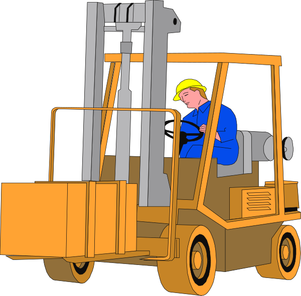 The illustration depicts a man driving an orange forklift with two pallets on it at nighttime under clear skies.