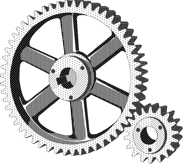 The black and white illustration shows a gear with teeth on it next to another similar gear without any visible connection between them in an abstract space background.