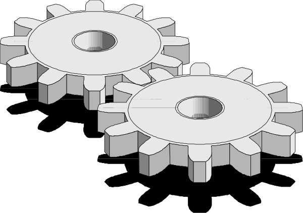 The image shows three gears with a dark background.