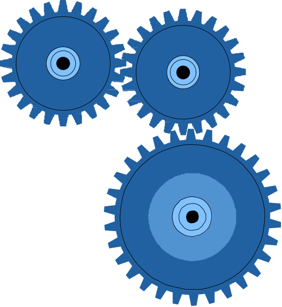 The image shows three blue gears with a central hole on each gear against a white background.