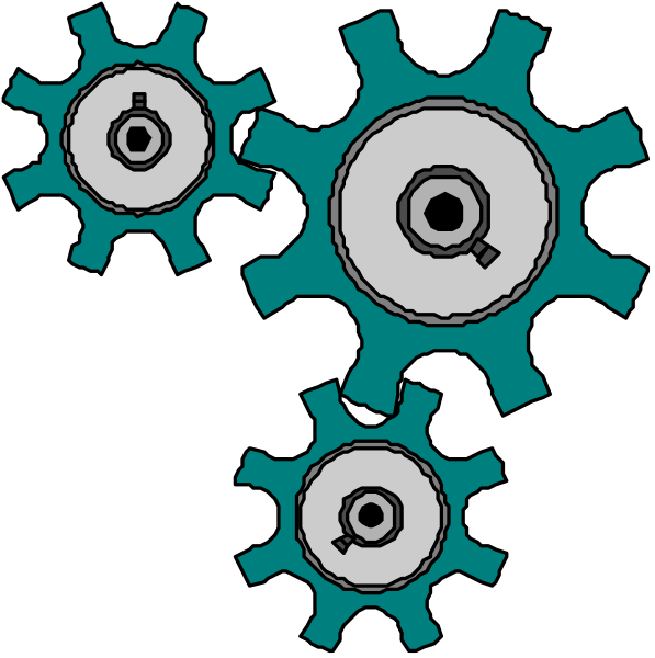 The image shows a black background with three blue gears connected by white lines forming an abstract pattern that resembles a stylized letter "t".