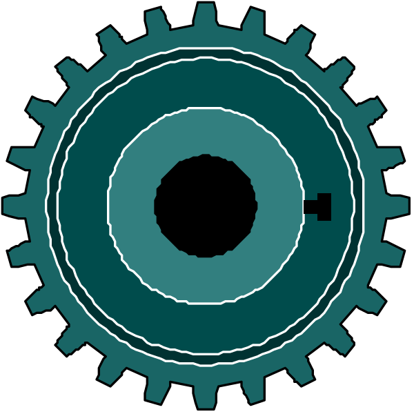 The image shows a stylized gear with an eye at its center against a black background.