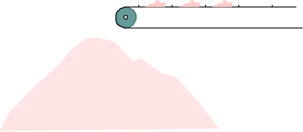 The image shows a pixelated landscape with mountains on either side of an oval object that resembles a sunset in color; there is no text present within this small clip-art scene.