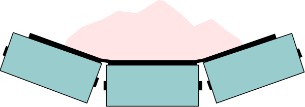 The image shows a gray background with two pink rectangles on top of each other at an angle to form what appears to be a stylized representation of a building or structure.