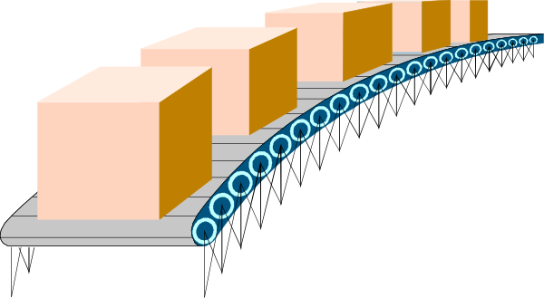 The image shows a sequence of blocks with varying heights arranged along an inclined line that appears to be part of a conveyor belt system in what looks like a factory environment.