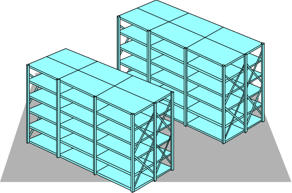 The image shows a computer graphic of three blue shelving units with white shelves against an indistinct background.