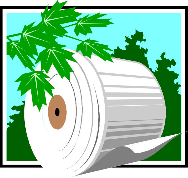 The image shows a roll of toilet paper with leaves on top placed next to an illustration of two rolls of toilet tissue in front of trees against a blue sky background.