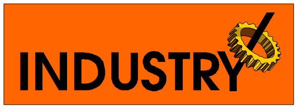 The image shows a sign with text that reads "INDUSTRY" on it against an orange background.