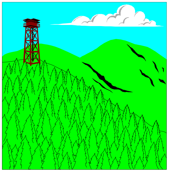 The image shows a cartoon depiction of two panels with different scenes: In panel 1, there is an illustration of a forested hillside under blue skies; in panel 2, atop this same hill stands a red water tower against a backdrop that includes clouds and mountains. There are no texts or other objects present within the image. The style appears to be simple line drawing with flat colors typical for clip-art illustrations. No actions can be discerned from these static images; they depict two separate scenes without any interaction between them.