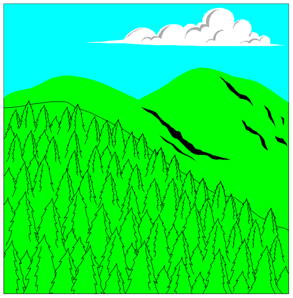 The image shows a cartoon of two panels with green hillsides featuring trees on either side; no visible characters or text present in this clip-art illustration.