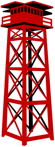 The image shows a red lighthouse with white crosses on it against a gray background.