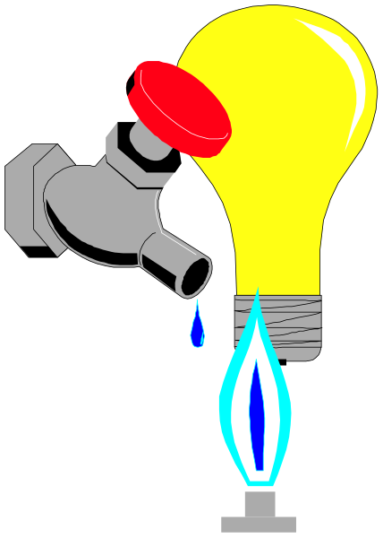 The image shows a cartoon of an electric light bulb with water dripping from its base into two pipes connected to it; one pipe has blue liquid flowing out while another is capped off by red tape, and there's no visible text in this clip-art style illustration.