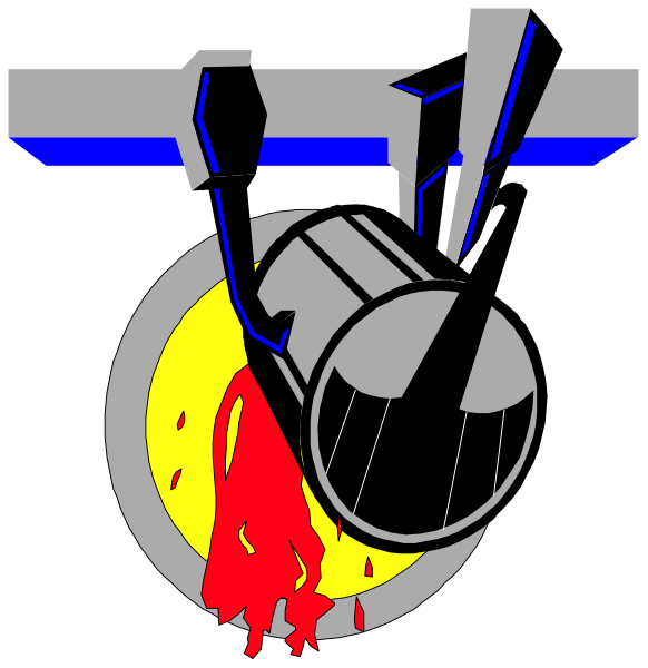 The image shows a black and white illustration of two scenes: on top is an open manhole cover with tools hanging from it; below that is another scene where there's red liquid pouring out onto what appears to be a street, creating splashes around a drainage grate in the center.