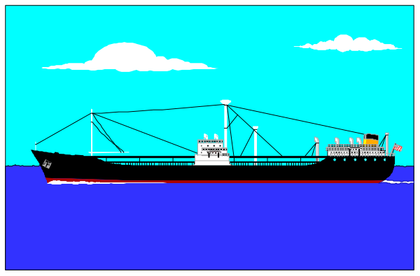 The image shows a cartoon depiction of an ocean scene with two ships: on the left is a large ship labeled "Fishing Boat" that appears to be hauling fishing nets; in front, there's another smaller boat floating nearby under clear blue skies and calm waters.