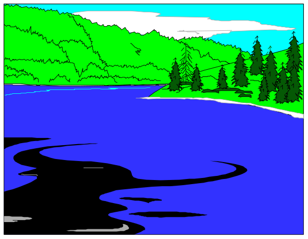 The image shows a comic strip with three panels depicting different scenes: 1) A forested area at night; 2) An outdoor scene during daytime featuring trees by water's edge; 3) Another view of an island in nature, possibly from space or above the ground. There are no visible texts on this image to provide additional context about what is happening within each panel. The style appears cartoonish and simplistic with a limited color palette consisting mainly of shades of green for trees and blue tones representing water bodies.