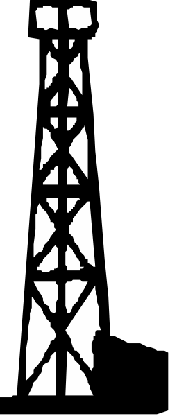 The image shows a black and white photo of two silhouettes: on top is an oil derrick with three visible levels; below it appears to be another structure that could possibly represent part of a building, but due to its small size in relation to the rest of the image, details are not clear.