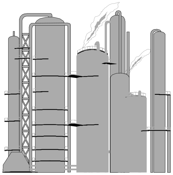 The black and white illustration depicts an industrial factory with multiple smokestacks emitting smoke against a dark background; it includes various structures such as tanks, pipes, conveyor belts, and machinery typical of manufacturing plants.