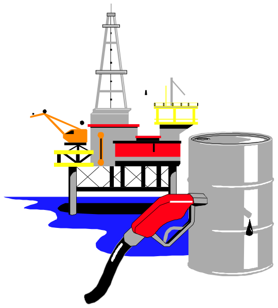 The image shows a black silhouette of an oil rig with various equipment parts around it on land next to water; there is also a gas pump in front of two barrels labeled "oil" and one marked as containing diesel fuel, indicating refueling activity at this location.